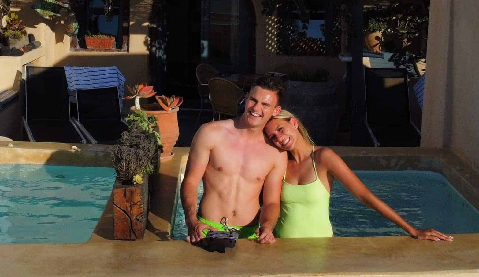 Rachel and Jason on balcony in Oia, Santorini, Greece